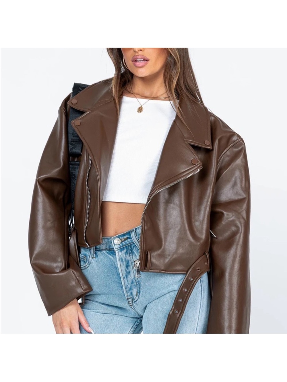 Lioness Staten Island Brown Cropped Leather Jacket